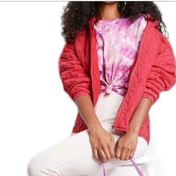 Wild Fable Hooded Diamond Quilted Jacket Coat Faded Coral unisex nwt size M - Picture 2 of 9